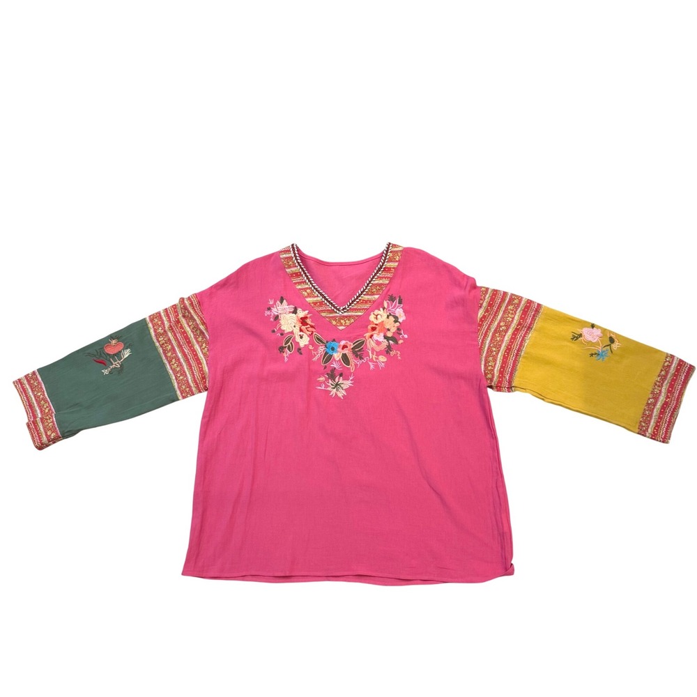 Boho Pink Embroidered Floral Tunic Top Colorblock Sleeve Oversized Plus Size 2XL